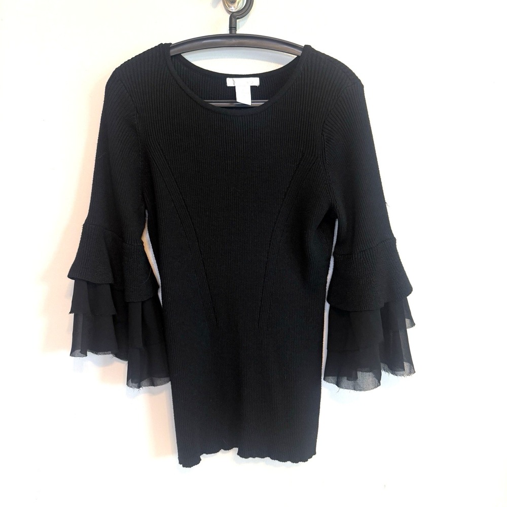 Womens Black Flowy Ruffle Bell Sleeve Sweater XL Ribbed Classic Casual Romantic
